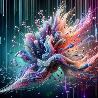 The primary subject of the image is a vibrant, colorful, and abstract artwork. The setting is a dark background, which contrasts with the bright colors of the artwork. The visual style is digital art, as the artwork appears to be a digital creation. The dominant colors in the artwork are pink, blue, and orange, creating a lively and energetic atmosphere.